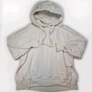 American Eagle Pullover Hoodie Cream Women's Small Y2K Fleece High Side Slits